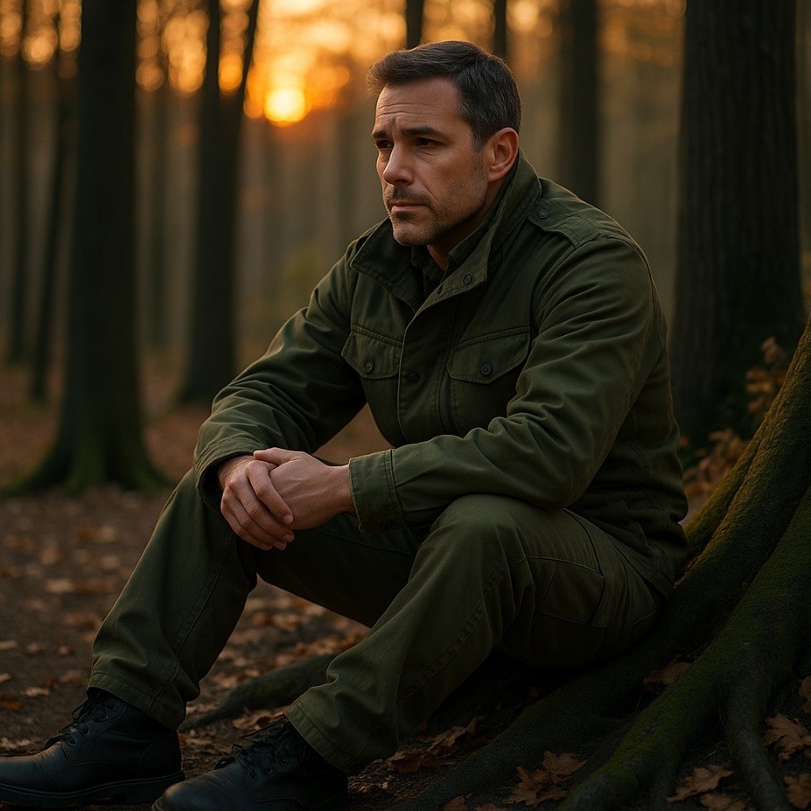 Mężczyzna zamyślony w lesie o wschodzie słońca