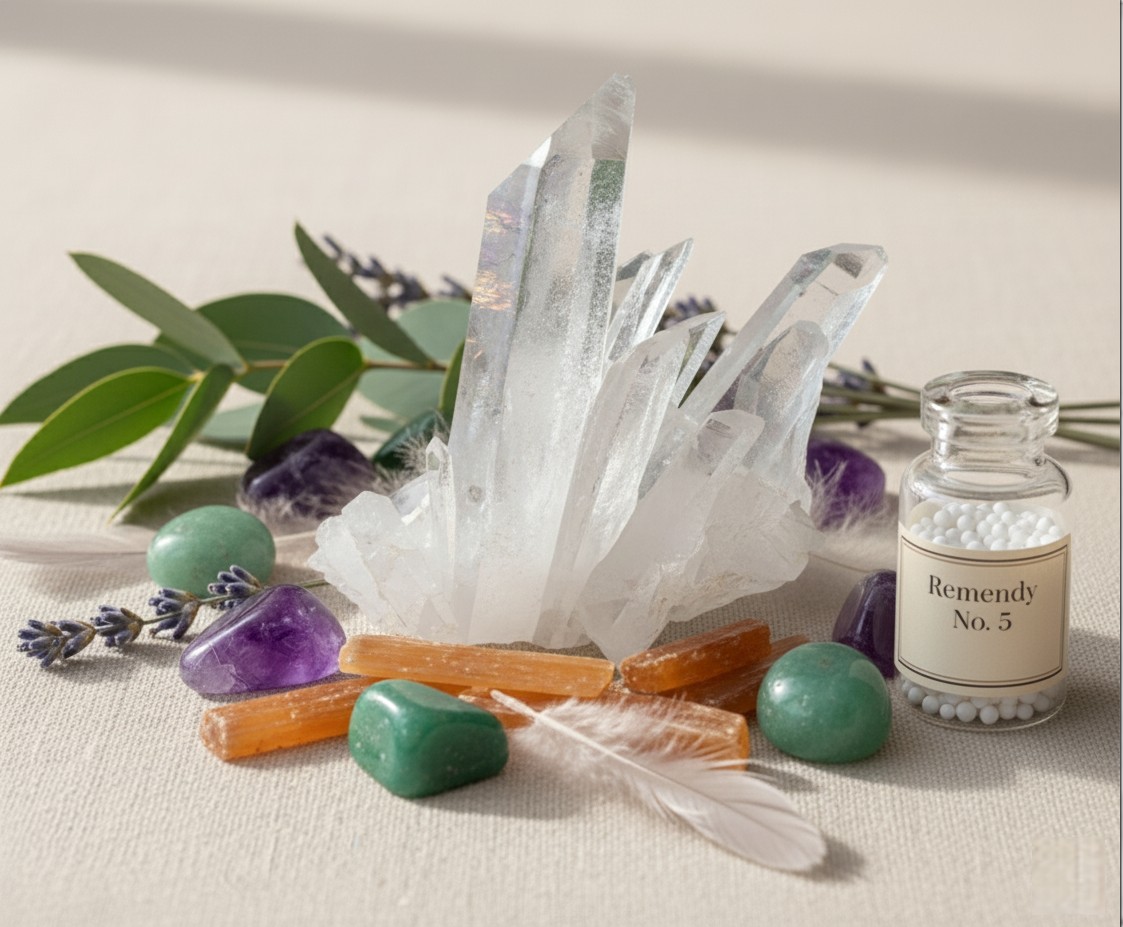 Cristales, hierbas de lavanda, hojas de eucalipto y pequeños remedios homeopáticos sobre un fondo claro, evocando armonía natural y curación.
